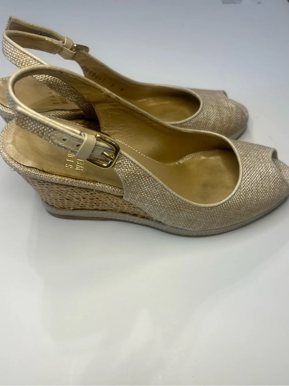 Stuart Weitzman Metallic Gold Peep-Toe Wedge Slingbacks - Picture 5 of 16